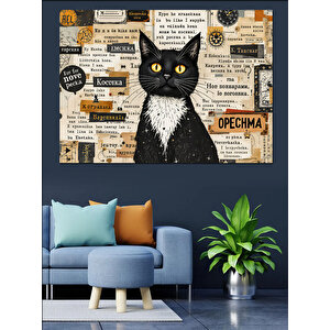 Vintage Gazete Ve Kedi Dekoratif Kanvas - Mdf Ahşap Tablo 100x140 cm