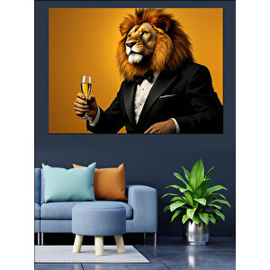 Şampanya Tutan Aslan Dekoratif Kanvas - Mdf Ahşap Tablo