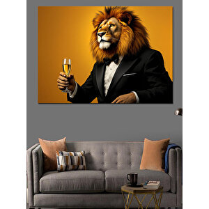 Şampanya Tutan Aslan Dekoratif Kanvas - Mdf Ahşap Tablo