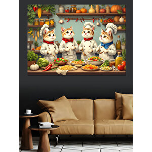 Mutlu Mutfak Kedileri Dekoratif Kanvas - Mdf Ahşap Tablo 100x140 cm