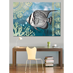 Deniz Altında Siyah Beyaz Balık Dekoratif Kanvas - Mdf Ahşap Tablo 100x140 cm