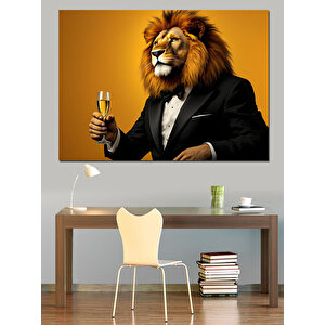 Şampanya Tutan Aslan Dekoratif Kanvas - Mdf Ahşap Tablo 100x140 cm