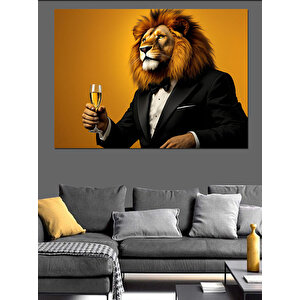 Şampanya Tutan Aslan Dekoratif Kanvas - Mdf Ahşap Tablo 100x140 cm
