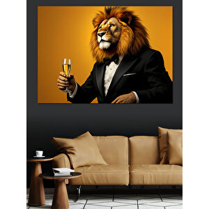 Şampanya Tutan Aslan Dekoratif Kanvas - Mdf Ahşap Tablo 100x140 cm