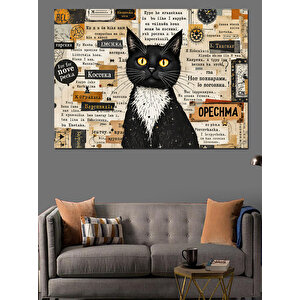 Vintage Gazete Ve Kedi Dekoratif Kanvas - Mdf Ahşap Tablo