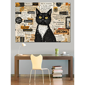 Vintage Gazete Ve Kedi Dekoratif Kanvas - Mdf Ahşap Tablo