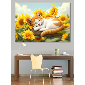 Ayçiçekleri Arasında Uyuyan Kedi Dekoratif Kanvas - Mdf Ahşap Tablo 70x100 cm