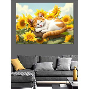 Ayçiçekleri Arasında Uyuyan Kedi Dekoratif Kanvas - Mdf Ahşap Tablo 70x100 cm