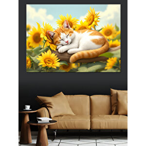 Ayçiçekleri Arasında Uyuyan Kedi Dekoratif Kanvas - Mdf Ahşap Tablo 70x100 cm