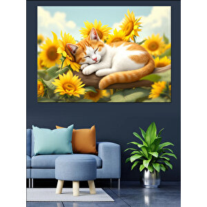 Ayçiçekleri Arasında Uyuyan Kedi Dekoratif Kanvas - Mdf Ahşap Tablo