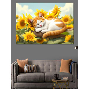 Ayçiçekleri Arasında Uyuyan Kedi Dekoratif Kanvas - Mdf Ahşap Tablo