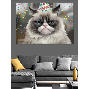 Doğum Günü Şapkalı Kedi Dekoratif Kanvas - Mdf Ahşap Tablo