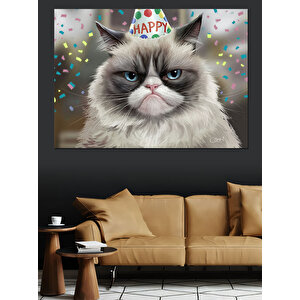 Doğum Günü Şapkalı Kedi Dekoratif Kanvas - Mdf Ahşap Tablo