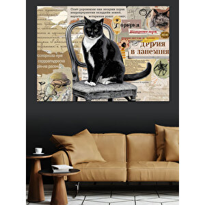 Sandalyede Oturan Kedi Dekoratif Kanvas - Mdf Ahşap Tablo 35x50 cm