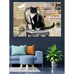 Sandalyede Oturan Kedi Dekoratif Kanvas - Mdf Ahşap Tablo 35x50 cm