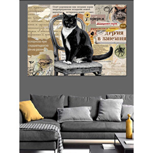 Sandalyede Oturan Kedi Dekoratif Kanvas - Mdf Ahşap Tablo