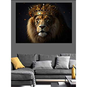 Taçlı Aslan Güçlü Portre Dekoratif Kanvas - Mdf Ahşap Tablo 100x140 cm