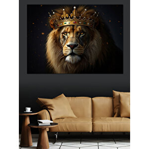 Taçlı Aslan Güçlü Portre Dekoratif Kanvas - Mdf Ahşap Tablo 100x140 cm