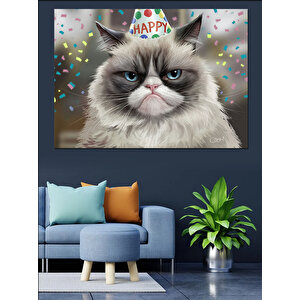 Doğum Günü Şapkalı Kedi Dekoratif Kanvas - Mdf Ahşap Tablo 35x50 cm