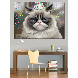 Doğum Günü Şapkalı Kedi Dekoratif Kanvas - Mdf Ahşap Tablo 35x50 cm