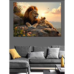 Aslan Ve Yavrusu Gölgede Dekoratif Kanvas - Mdf Ahşap Tablo