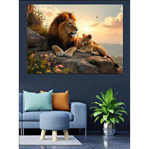 Aslan Ve Yavrusu Gölgede Dekoratif Kanvas - Mdf Ahşap Tablo 70x100 cm