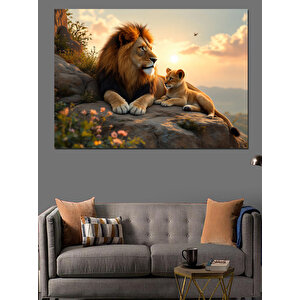 Aslan Ve Yavrusu Gölgede Dekoratif Kanvas - Mdf Ahşap Tablo 70x100 cm