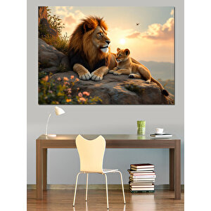 Aslan Ve Yavrusu Gölgede Dekoratif Kanvas - Mdf Ahşap Tablo 70x100 cm