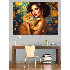 Kadın Ve Sarı Kedi Dekoratif Kanvas - Mdf Ahşap Tablo 50x70 cm