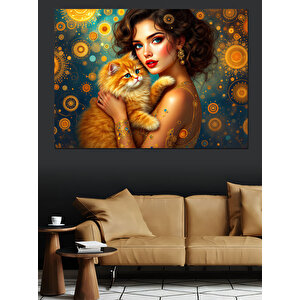 Kadın Ve Sarı Kedi Dekoratif Kanvas - Mdf Ahşap Tablo 50x70 cm