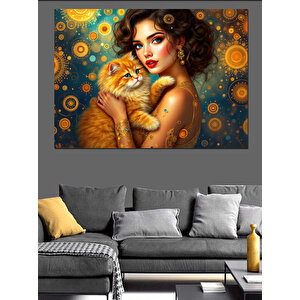 Kadın Ve Sarı Kedi Dekoratif Kanvas - Mdf Ahşap Tablo 70x100 cm