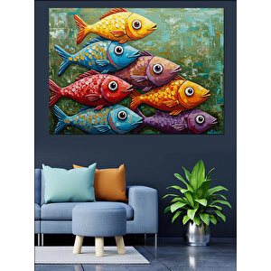Renkli Balık Sürüsü Tablosu Dekoratif Kanvas - Mdf Ahşap Tablo 35x50 cm