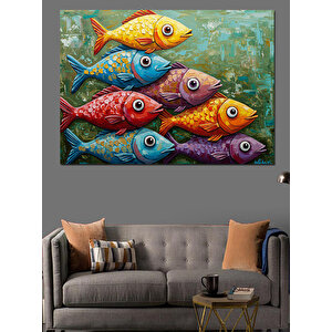 Renkli Balık Sürüsü Tablosu Dekoratif Kanvas - Mdf Ahşap Tablo 35x50 cm