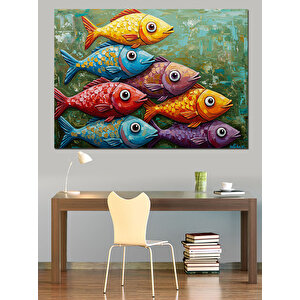 Renkli Balık Sürüsü Tablosu Dekoratif Kanvas - Mdf Ahşap Tablo 35x50 cm