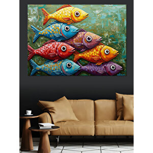 Renkli Balık Sürüsü Tablosu Dekoratif Kanvas - Mdf Ahşap Tablo