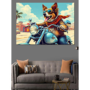 Motosiklet Süren Havalı Köpek Dekoratif Kanvas - Mdf Ahşap Tablo 100x140 cm