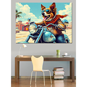 Motosiklet Süren Havalı Köpek Dekoratif Kanvas - Mdf Ahşap Tablo 100x140 cm