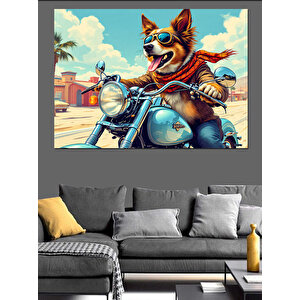 Motosiklet Süren Havalı Köpek Dekoratif Kanvas - Mdf Ahşap Tablo 35x50 cm