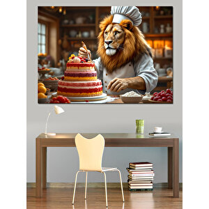 Tatlı Hazırlayan Aslan Şef Dekoratif Kanvas - Mdf Ahşap Tablo