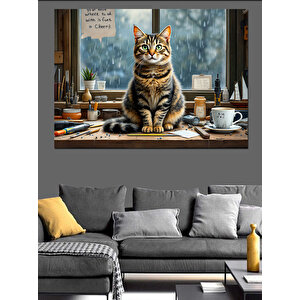 Kahve Keyfi Yapan Kedi Dekoratif Kanvas - Mdf Ahşap Tablo 70x100 cm