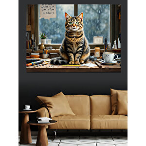 Kahve Keyfi Yapan Kedi Dekoratif Kanvas - Mdf Ahşap Tablo 70x100 cm