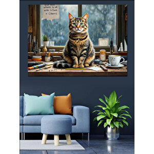Kahve Keyfi Yapan Kedi Dekoratif Kanvas - Mdf Ahşap Tablo 70x100 cm