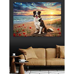 Kumsalda Köpek Ve Günbatımı Dekoratif Kanvas - Mdf Ahşap Tablo 25x35 cm