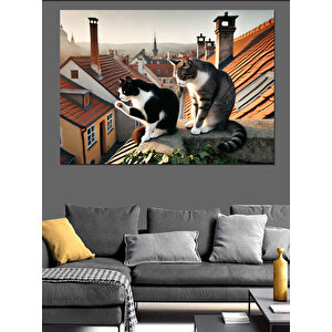 Çatıda Siyah-beyaz Kediler Dekoratif Kanvas - Mdf Ahşap Tablo