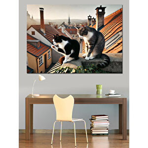 Çatıda Siyah-beyaz Kediler Dekoratif Kanvas - Mdf Ahşap Tablo