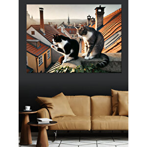Çatıda Siyah-beyaz Kediler Dekoratif Kanvas - Mdf Ahşap Tablo 70x100 cm