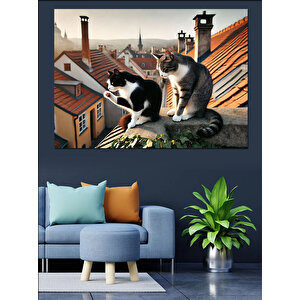 Çatıda Siyah-beyaz Kediler Dekoratif Kanvas - Mdf Ahşap Tablo 70x100 cm