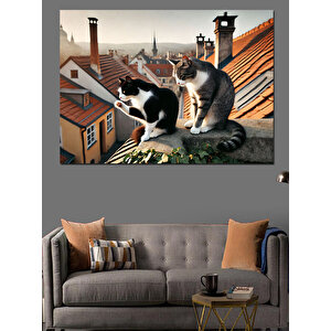 Çatıda Siyah-beyaz Kediler Dekoratif Kanvas - Mdf Ahşap Tablo 70x100 cm