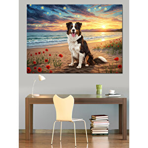 Kumsalda Köpek Ve Günbatımı Dekoratif Kanvas - Mdf Ahşap Tablo 70x100 cm