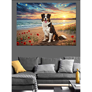 Kumsalda Köpek Ve Günbatımı Dekoratif Kanvas - Mdf Ahşap Tablo 70x100 cm